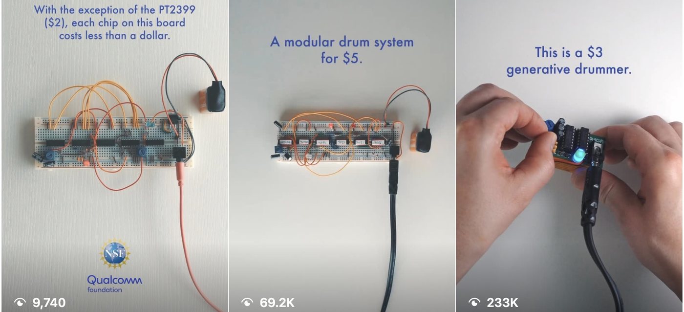 Three Glitch'n Instagram videos of breadboard drum circuits, with 9,740, 69,200 and 233,000 views